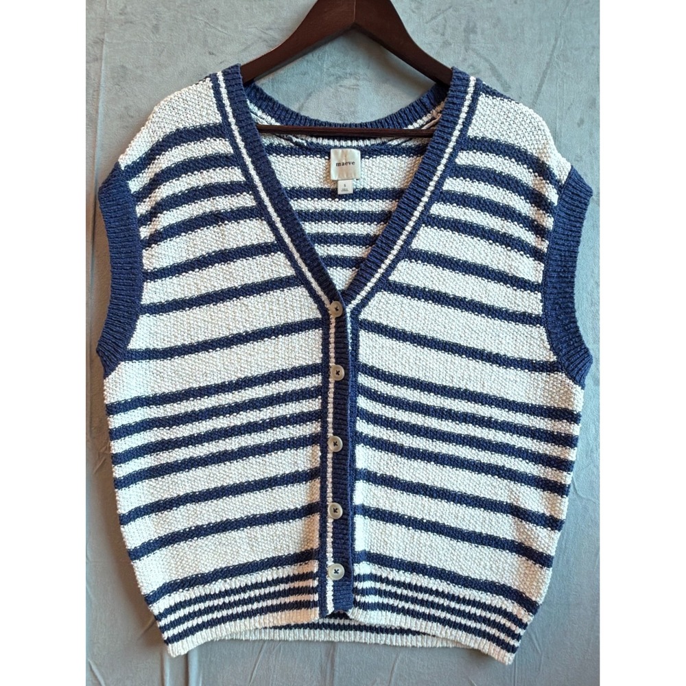 Maeve Striped Cardigan Vest Womens Size S Cotton Blue White Nautical Preppy